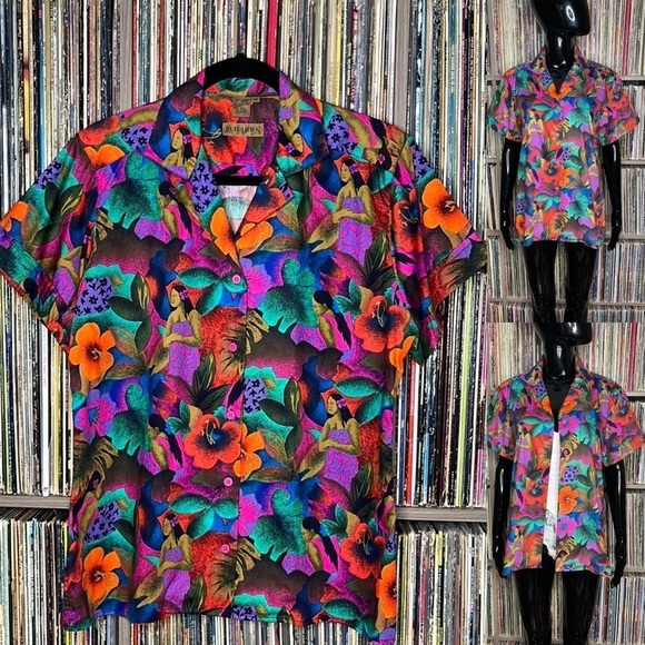 Vintage Button Up Shirt in Bold & Colorful Tropical Print Size Medium - Picture 7 of 7